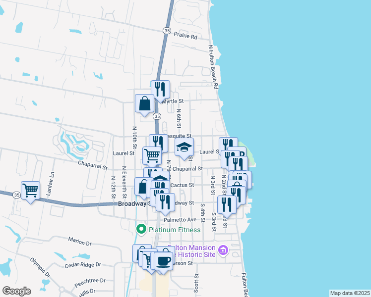 map of restaurants, bars, coffee shops, grocery stores, and more near 502 Mesquite Street in Refugio