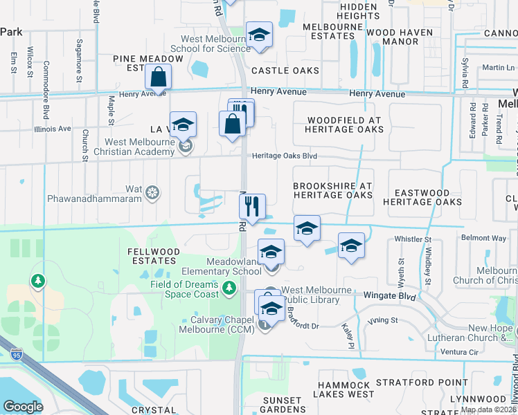 map of restaurants, bars, coffee shops, grocery stores, and more near 865 Boughton Way in West Melbourne