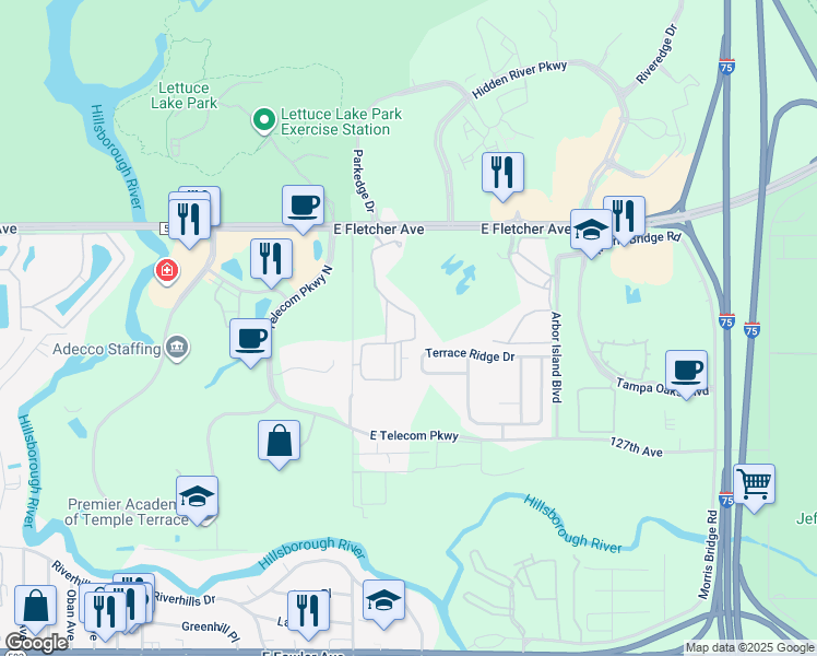 map of restaurants, bars, coffee shops, grocery stores, and more near 13116 Sanctuary Cove Drive in Temple Terrace
