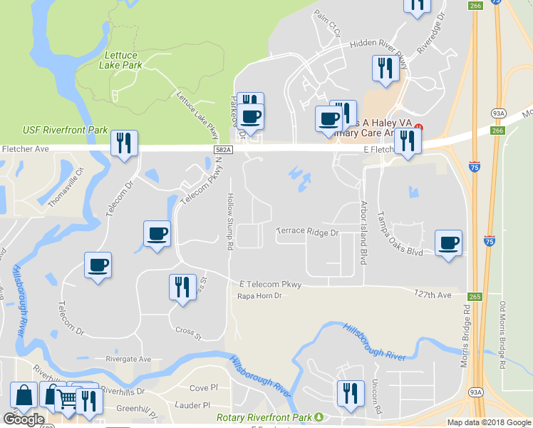 map of restaurants, bars, coffee shops, grocery stores, and more near 13025 Sanctuary Cove Drive in Temple Terrace