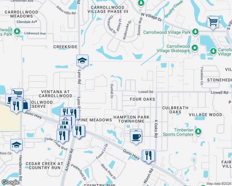 map of restaurants, bars, coffee shops, grocery stores, and more near 12720 Hampton Park Boulevard in Tampa