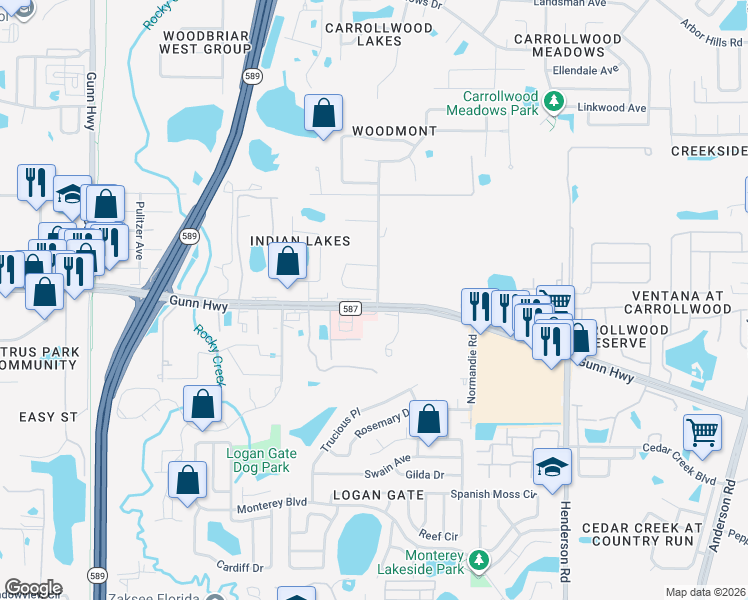 map of restaurants, bars, coffee shops, grocery stores, and more near 6516 Gunn Highway in Tampa