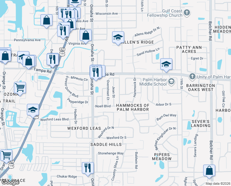 map of restaurants, bars, coffee shops, grocery stores, and more near 303 Jean Street in Palm Harbor