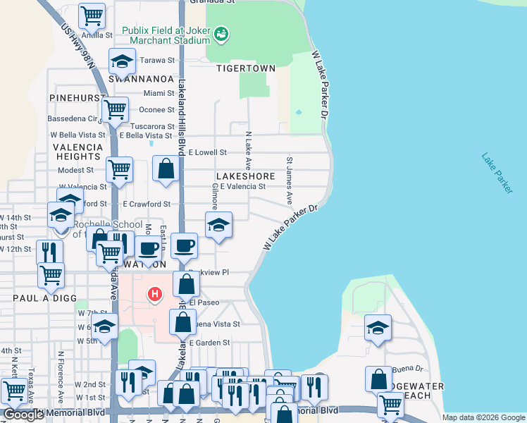 map of restaurants, bars, coffee shops, grocery stores, and more near 833 Channing Road in Lakeland