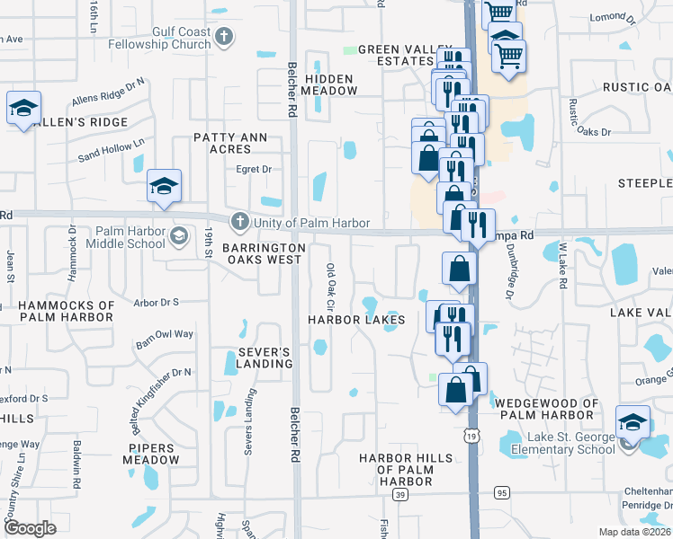 map of restaurants, bars, coffee shops, grocery stores, and more near 511 Old Oak Circle in Palm Harbor