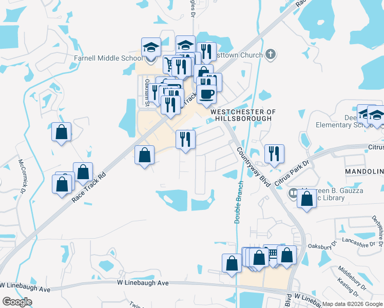 map of restaurants, bars, coffee shops, grocery stores, and more near 13913 Lynmar Boulevard in Tampa