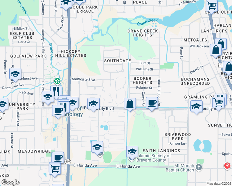 map of restaurants, bars, coffee shops, grocery stores, and more near 2741 Carlson Circle in Melbourne