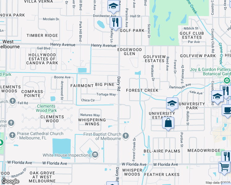 map of restaurants, bars, coffee shops, grocery stores, and more near 310 Tortuga Way in West Melbourne
