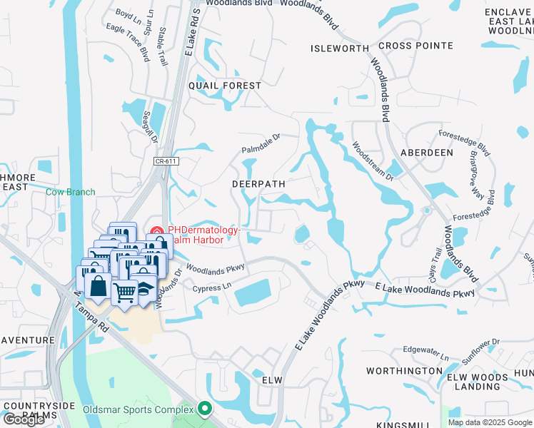 map of restaurants, bars, coffee shops, grocery stores, and more near 210 Water Oak Way in Oldsmar