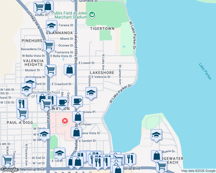 map of restaurants, bars, coffee shops, grocery stores, and more near 832 Lafayette Lane in Lakeland