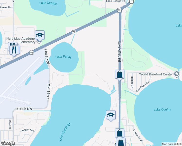 map of restaurants, bars, coffee shops, grocery stores, and more near 220 Brigham Road in Winter Haven