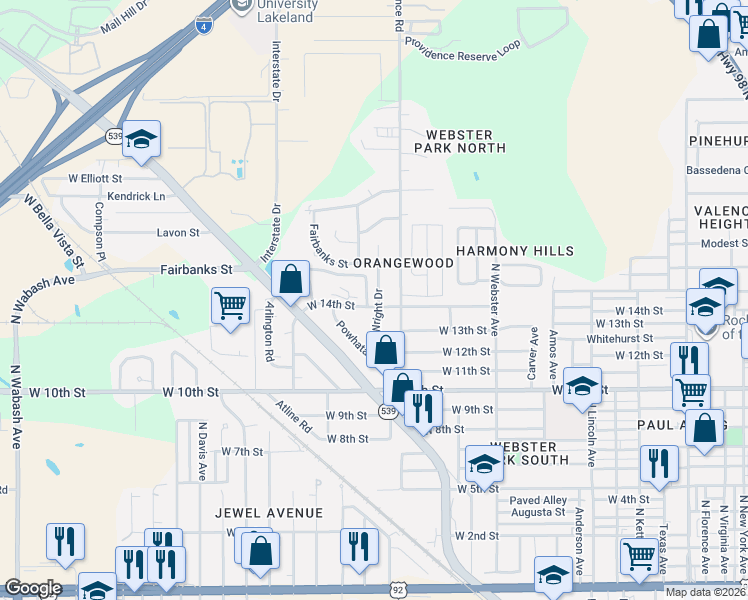 map of restaurants, bars, coffee shops, grocery stores, and more near 1614 Wright Drive in Lakeland