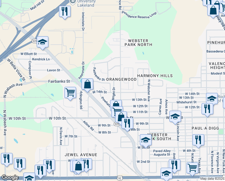 map of restaurants, bars, coffee shops, grocery stores, and more near 1550 Wright Drive in Lakeland