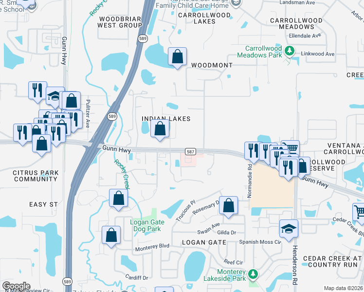 map of restaurants, bars, coffee shops, grocery stores, and more near 6549 Gunn Highway in Tampa