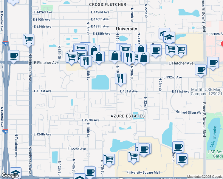 map of restaurants, bars, coffee shops, grocery stores, and more near 13169 131st Way in Tampa