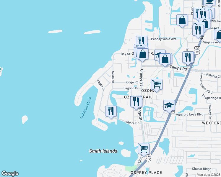 map of restaurants, bars, coffee shops, grocery stores, and more near 245 Ridge Road in Palm Harbor