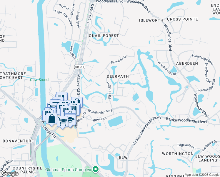 map of restaurants, bars, coffee shops, grocery stores, and more near 350 Holly Hill Road in Oldsmar