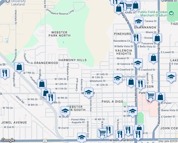 map of restaurants, bars, coffee shops, grocery stores, and more near 809 West Crawford Street in Lakeland
