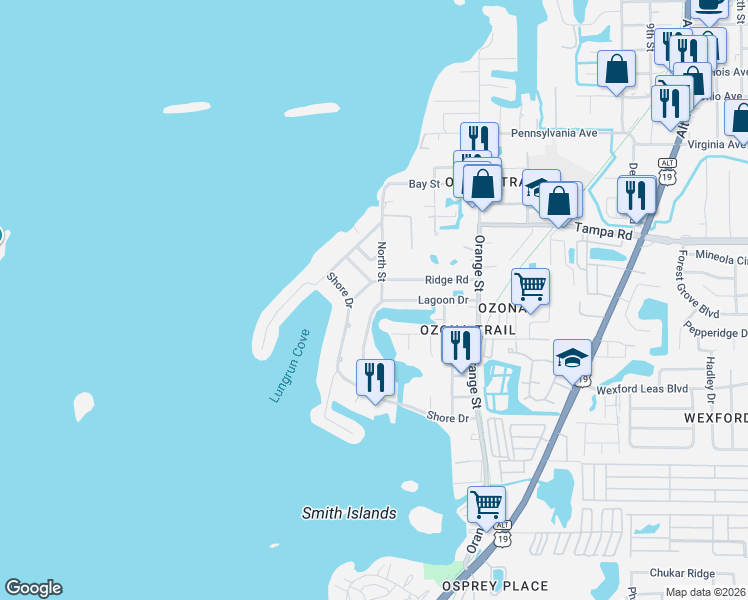 map of restaurants, bars, coffee shops, grocery stores, and more near 245 Ridge Road in Palm Harbor