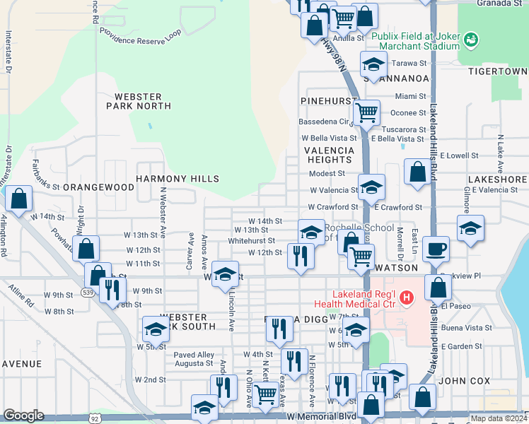 map of restaurants, bars, coffee shops, grocery stores, and more near 1541 Kettles Avenue in Lakeland