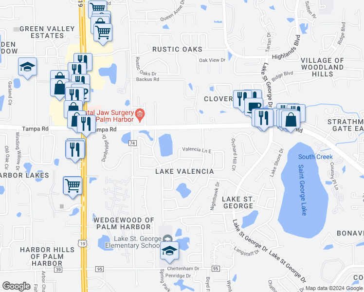 map of restaurants, bars, coffee shops, grocery stores, and more near 2960 Tampa Road in Palm Harbor