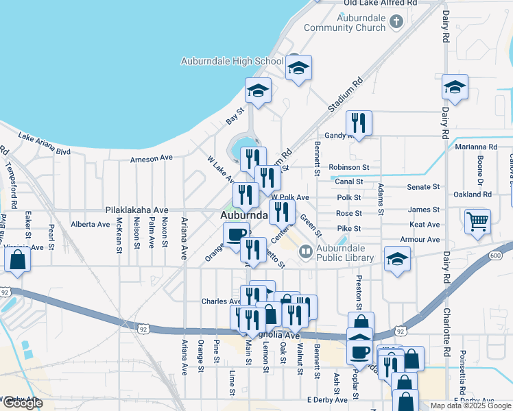map of restaurants, bars, coffee shops, grocery stores, and more near 300 South Main Street in Auburndale