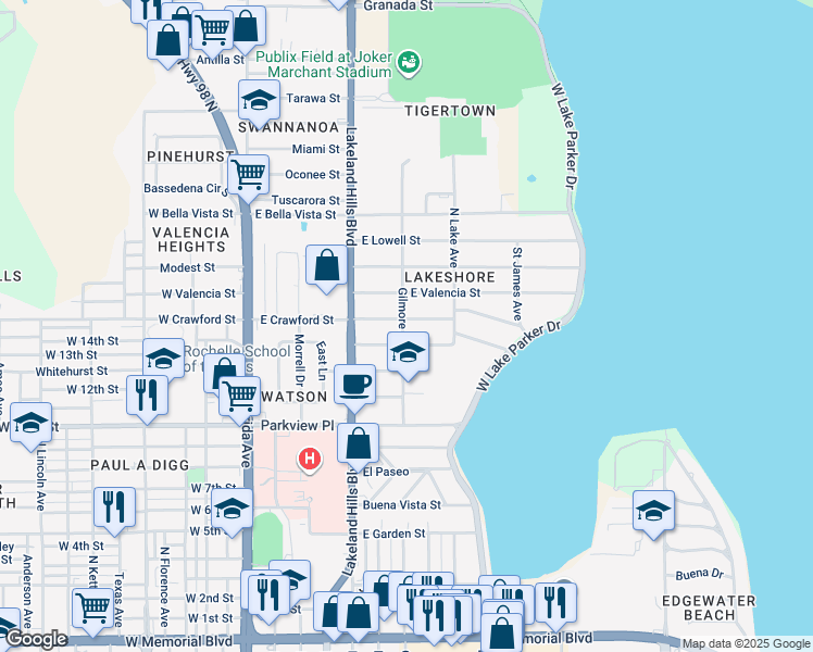 map of restaurants, bars, coffee shops, grocery stores, and more near 701 East Crawford Street in Lakeland