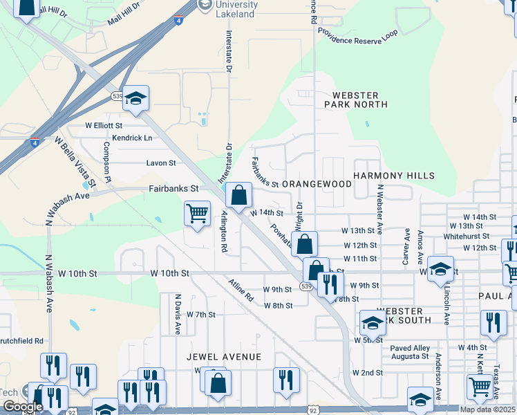map of restaurants, bars, coffee shops, grocery stores, and more near 1315 West 14th Street in Lakeland