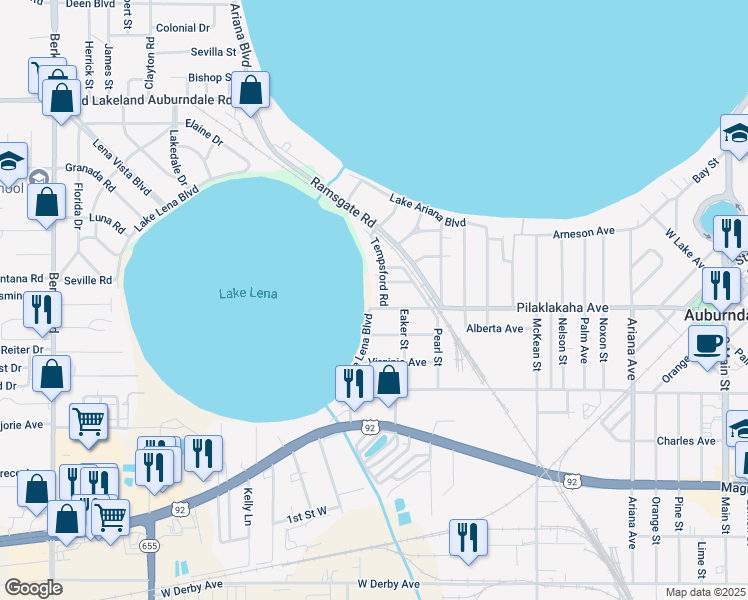 map of restaurants, bars, coffee shops, grocery stores, and more near 724 Pilaklakaha Avenue in Auburndale