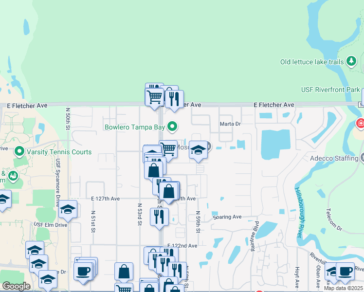 map of restaurants, bars, coffee shops, grocery stores, and more near 5650 Graduate Circle in Temple Terrace