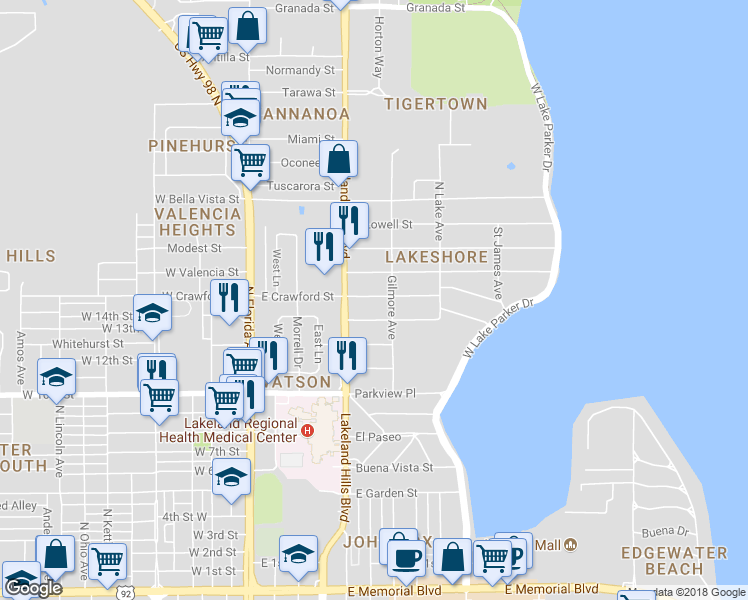 map of restaurants, bars, coffee shops, grocery stores, and more near 607 East Crawford Street in Lakeland