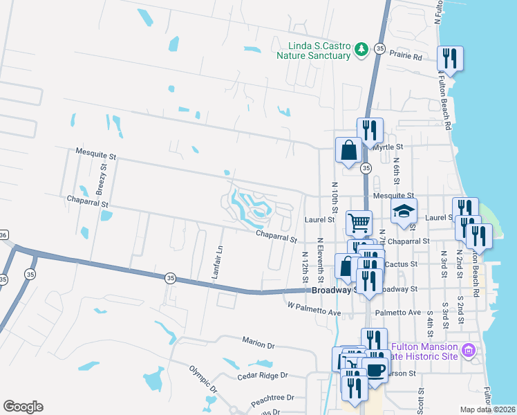 map of restaurants, bars, coffee shops, grocery stores, and more near 545 Mesquite Street in Rockport