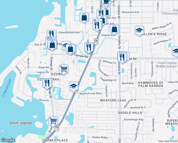 map of restaurants, bars, coffee shops, grocery stores, and more near in Palm Harbor