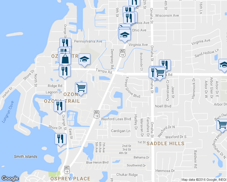 map of restaurants, bars, coffee shops, grocery stores, and more near 241 Whisper Lake Road in Palm Harbor