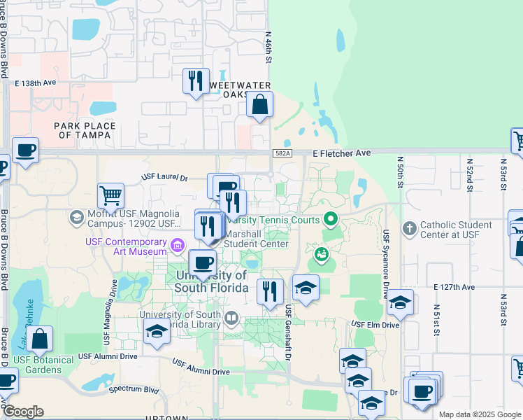map of restaurants, bars, coffee shops, grocery stores, and more near 4236 USF Holly Drive in Tampa