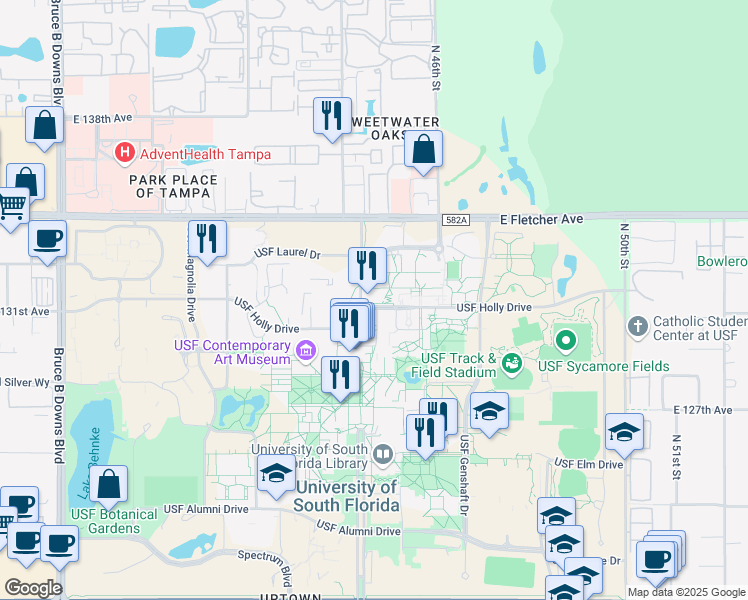 map of restaurants, bars, coffee shops, grocery stores, and more near 4210 USF Holly Drive in Tampa