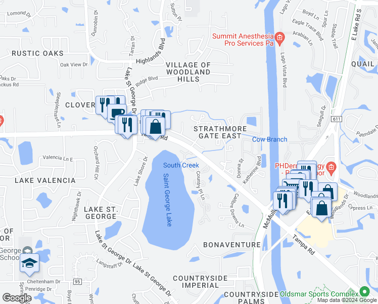 map of restaurants, bars, coffee shops, grocery stores, and more near 3976 Country Place Lane in Palm Harbor