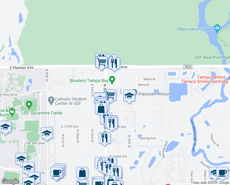 map of restaurants, bars, coffee shops, grocery stores, and more near 5610 Graduate Circle in Tampa