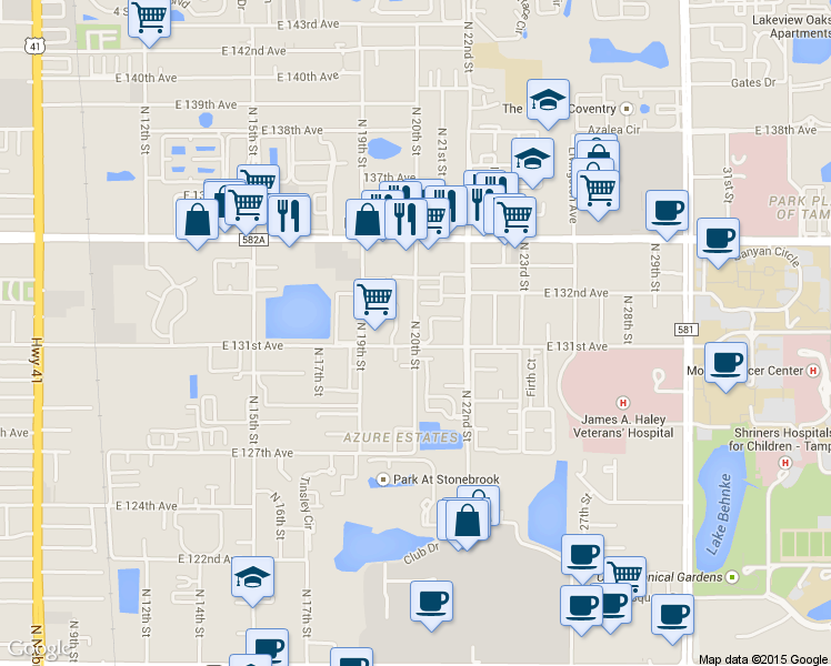 map of restaurants, bars, coffee shops, grocery stores, and more near 13108 North 20th Street in Tampa