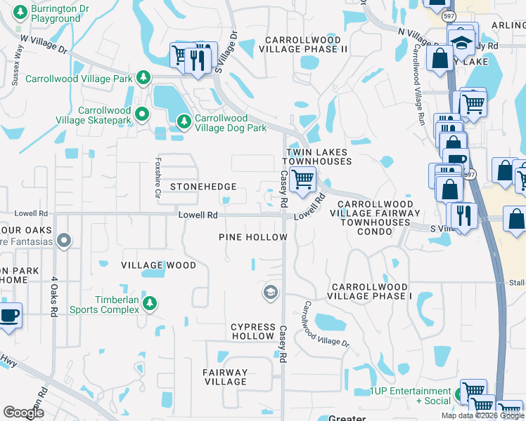 map of restaurants, bars, coffee shops, grocery stores, and more near 4518 Southampton Court in Greater Carrollwood
