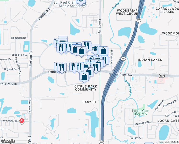 map of restaurants, bars, coffee shops, grocery stores, and more near 8100 Citrus Park Drive in Tampa