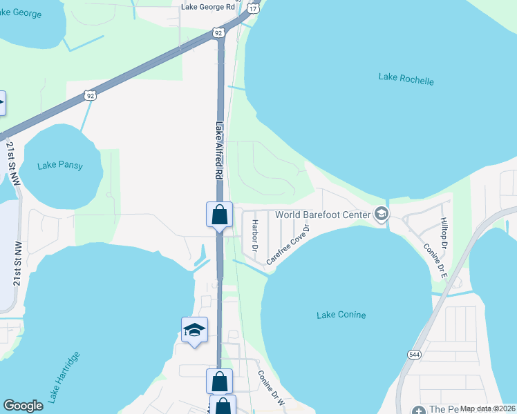 map of restaurants, bars, coffee shops, grocery stores, and more near 1005 Carefree Cove Drive in Winter Haven