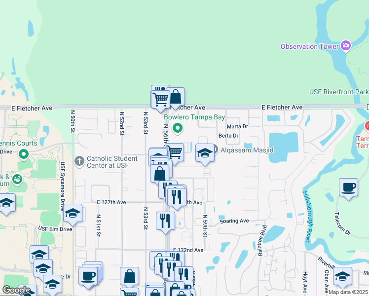 map of restaurants, bars, coffee shops, grocery stores, and more near 5650 Graduate Circle in Temple Terrace