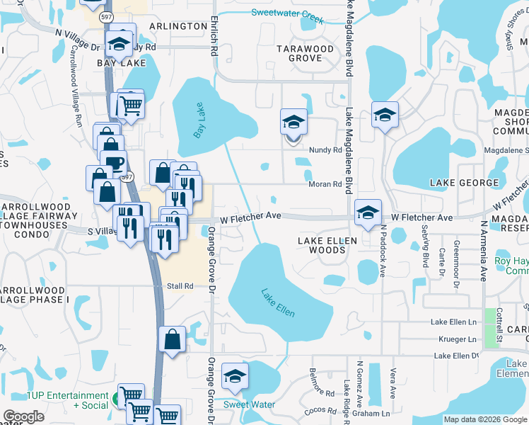 map of restaurants, bars, coffee shops, grocery stores, and more near 3235 West Fletcher Avenue in Tampa