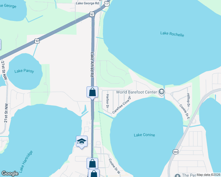 map of restaurants, bars, coffee shops, grocery stores, and more near 1005 Carefree Cove Drive in Winter Haven