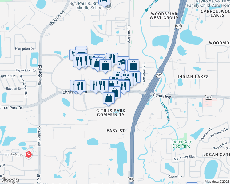 map of restaurants, bars, coffee shops, grocery stores, and more near 14135 Citrus Plaza Drive in Tampa