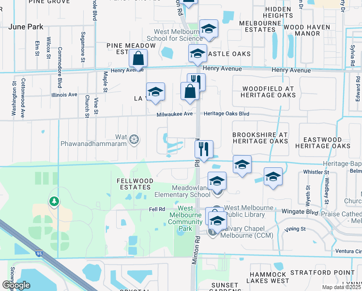 map of restaurants, bars, coffee shops, grocery stores, and more near 2732 Bobby Jones Street in Melbourne