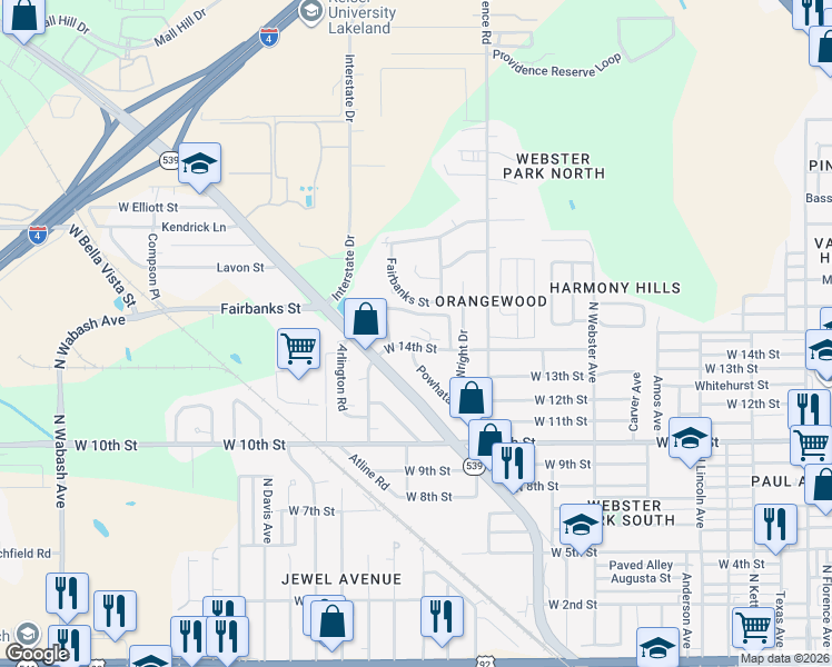map of restaurants, bars, coffee shops, grocery stores, and more near 1315 West 14th Street in Lakeland