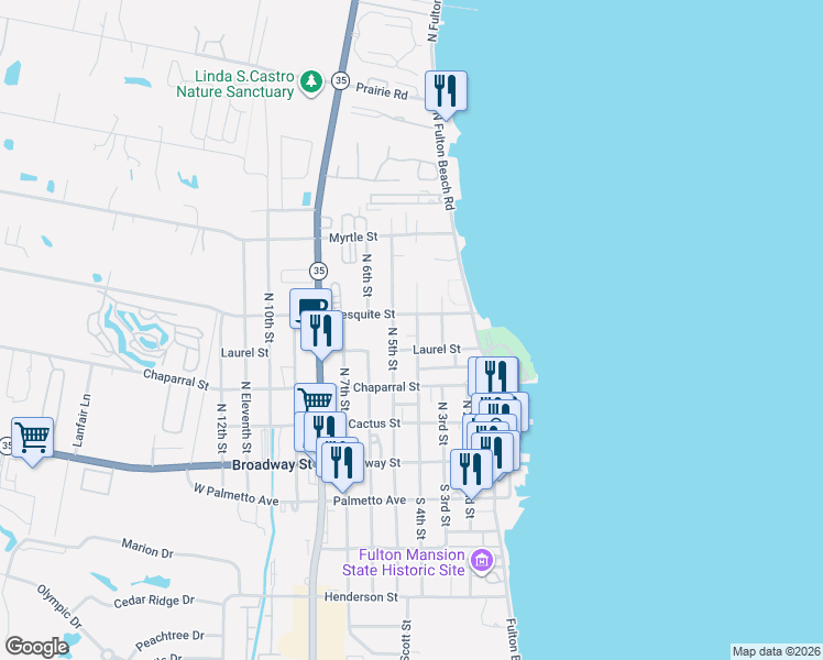 map of restaurants, bars, coffee shops, grocery stores, and more near 404 Mesquite Street in Fulton