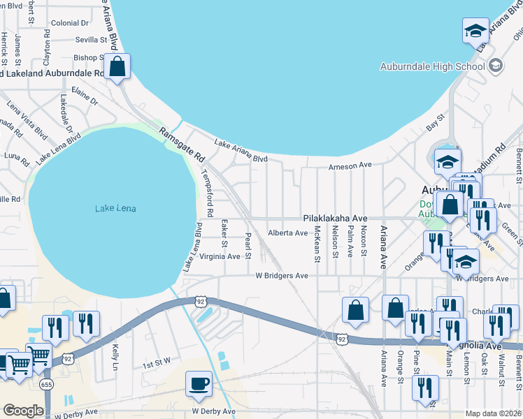 map of restaurants, bars, coffee shops, grocery stores, and more near 133 Hawthorne Road in Auburndale